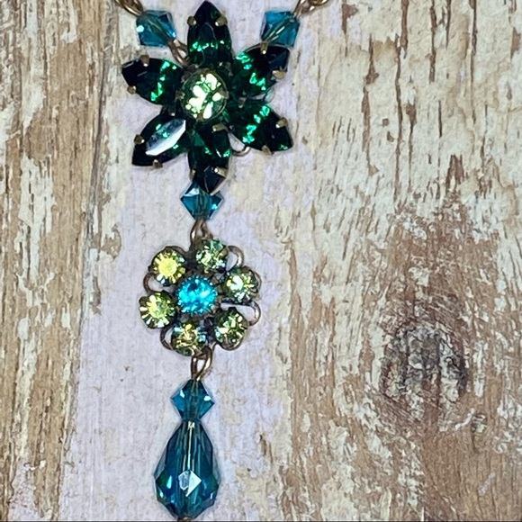 2 pc Set! Liz Palacios Necklace + Earrings Swarovski Crystal Flowers Green+ Aqua - Picture 11 of 11